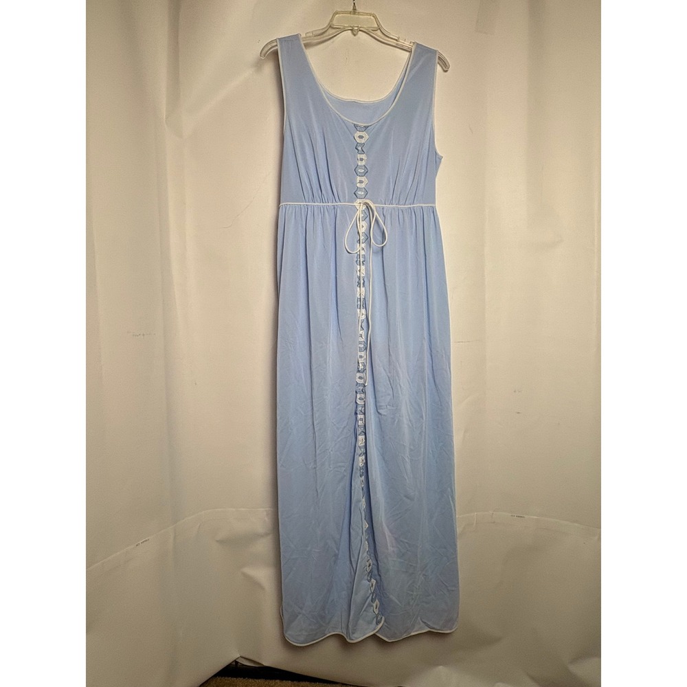 Lorraine Vintage Pastel Blue Nylon Maxi Nightgown Empire Waist Embroidered Large
